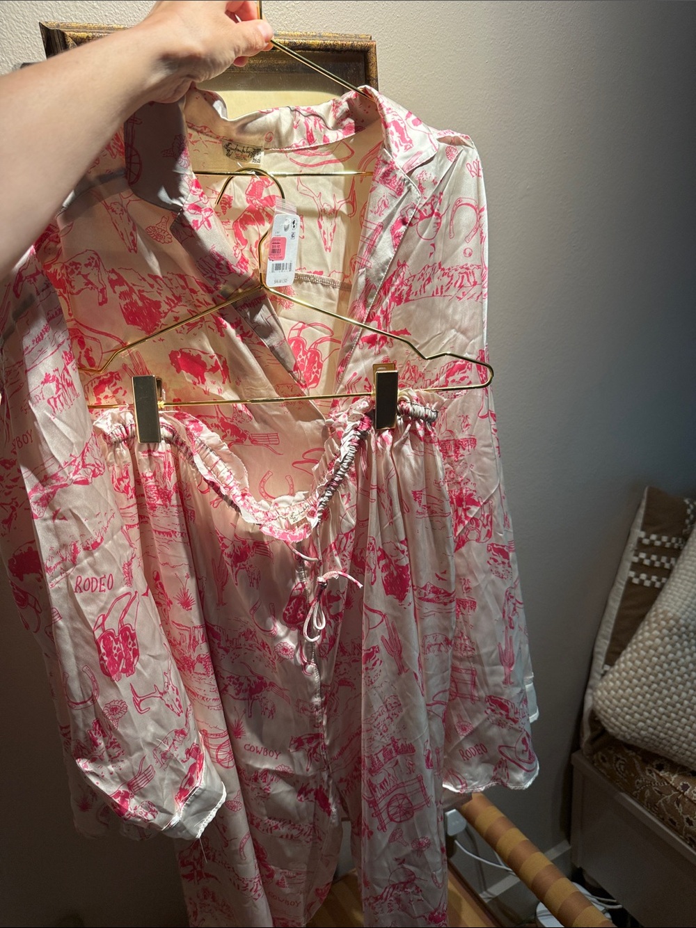 Free People Pink Rodeo-Print silk pajama set NWT